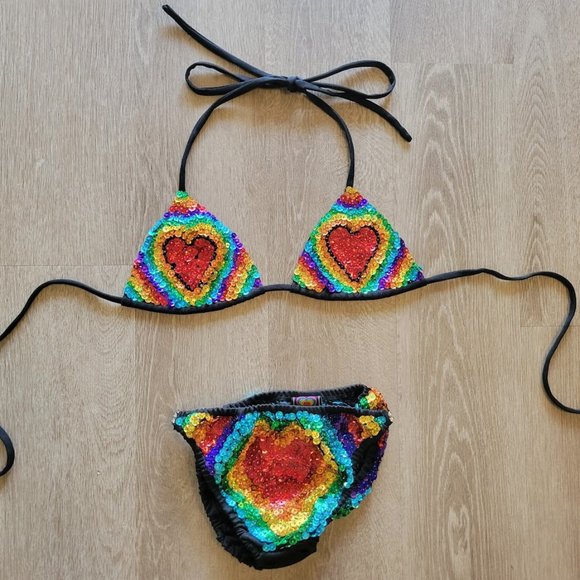 Easy Tiger Other - Easy Tiger Rainbow Sequin Hearts Bra and Hot Pants Set